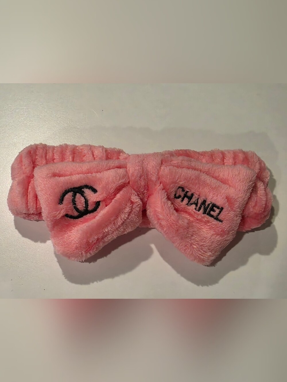 Pink Pastel Plush Bow Spa Style Hairband with Embroidered Logo